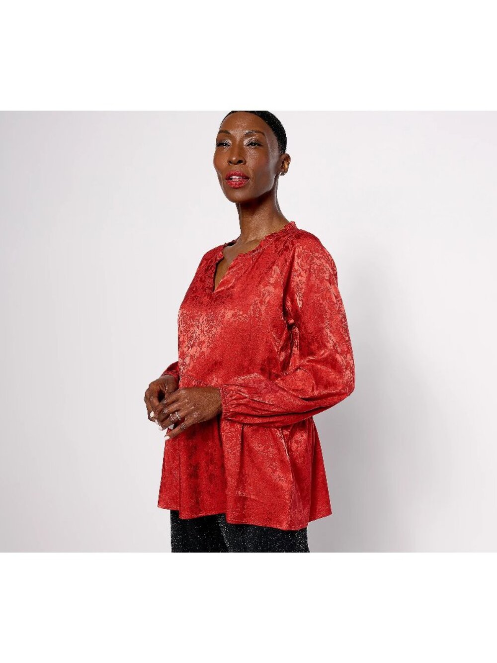 Isaac Mizrahi Live! Peplum Blouse Size 10 Stretch Jacquard Shirred Cinnamon Red